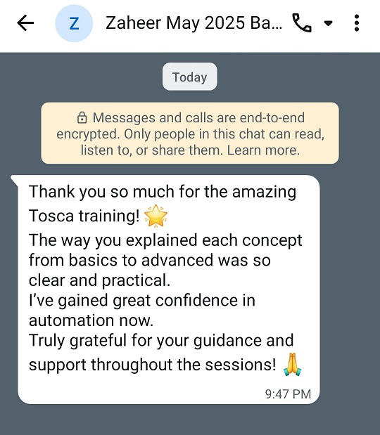 Student WhatsApp testimonial for Tricentis Tosca automation training”